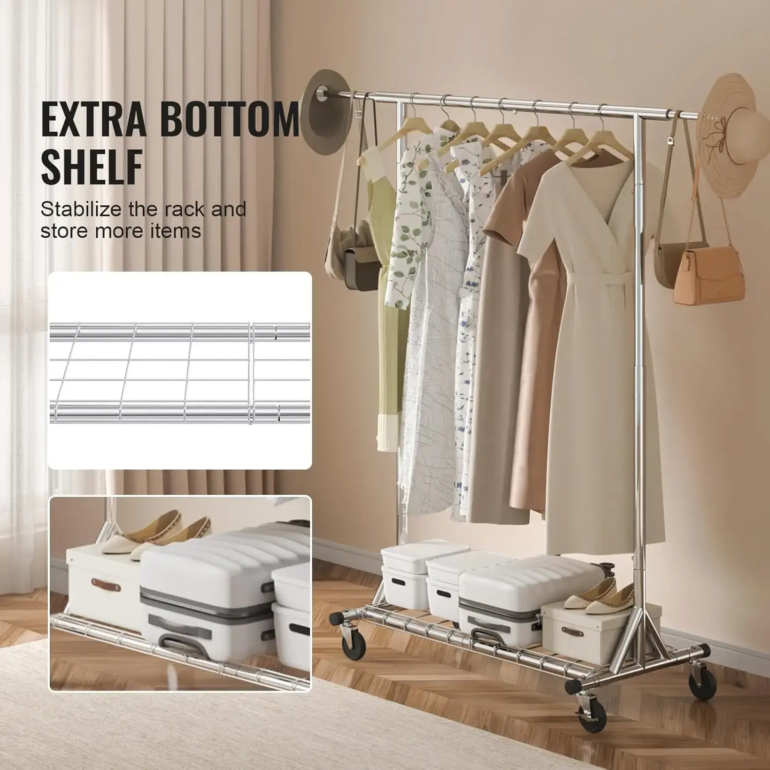 Clothes Rack with Wheels, Heavy Duty Clothing Garment Rack, Commercial Clothing Rack for Hanging Clothes with
