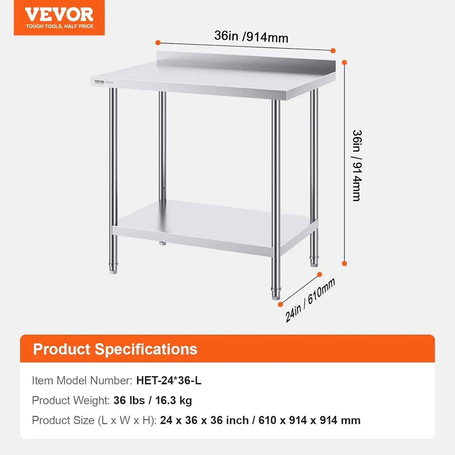 24 x 36 x 36 Inch Stainless Steel Work Table, Commercial Food Prep Worktable Heavy Duty Prep Worktable