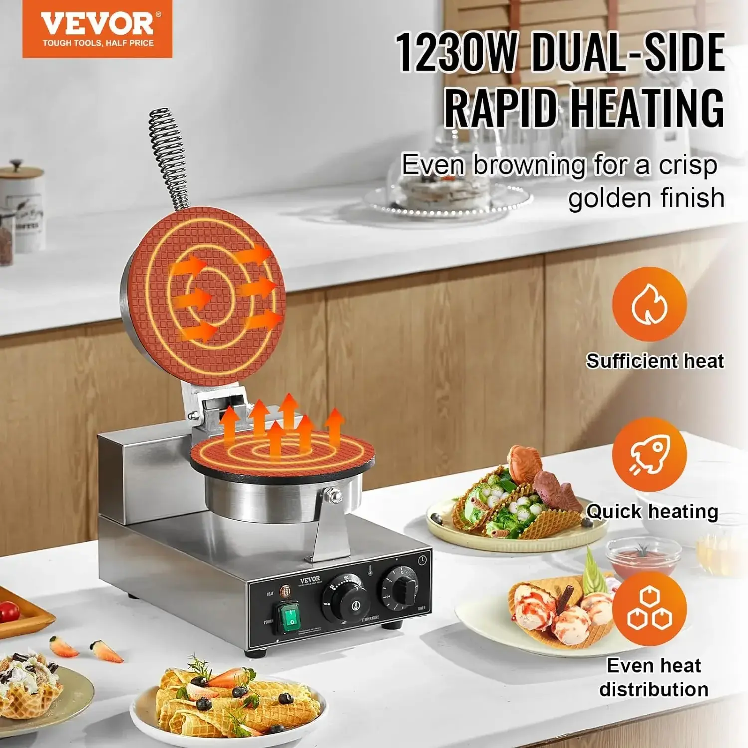 Electric Ice Cream Cone Maker, Commercial 1230W Waffle Cone Machine, Non-Stick Stainless Steel Egg Roll Mold