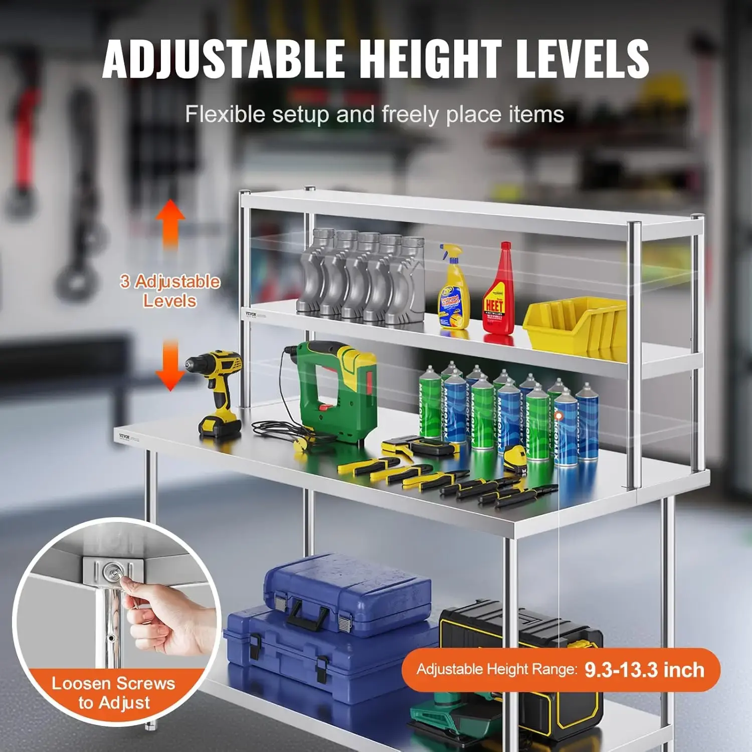 Double Tier Stainless Steel Overshelf, 12 x 60 Inch Double Deck Overshelf, Height Adjustable Overshelf Prep Work Table
