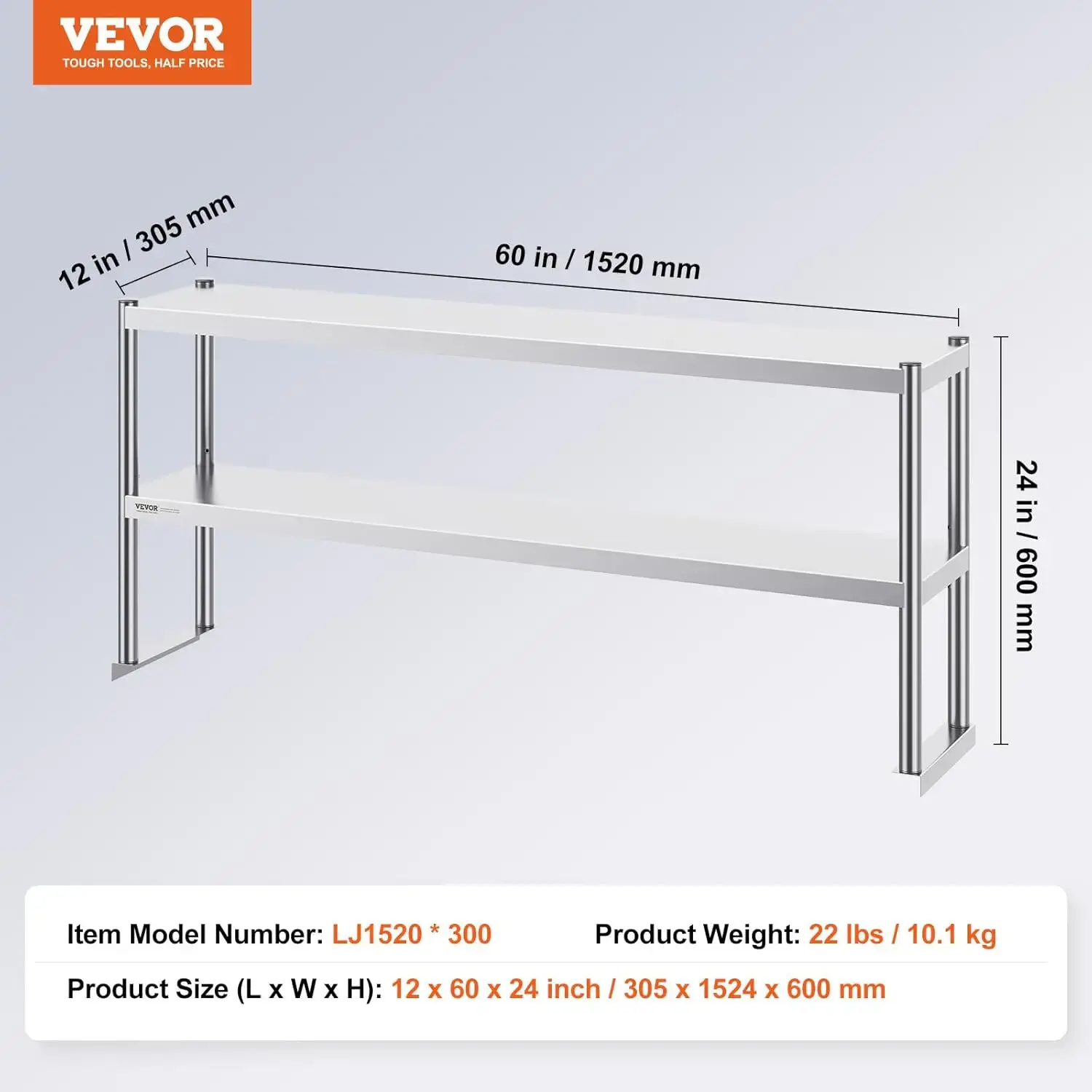 Double Tier Stainless Steel Overshelf, 12 x 60 Inch Double Deck Overshelf, Height Adjustable Overshelf Prep Work Table
