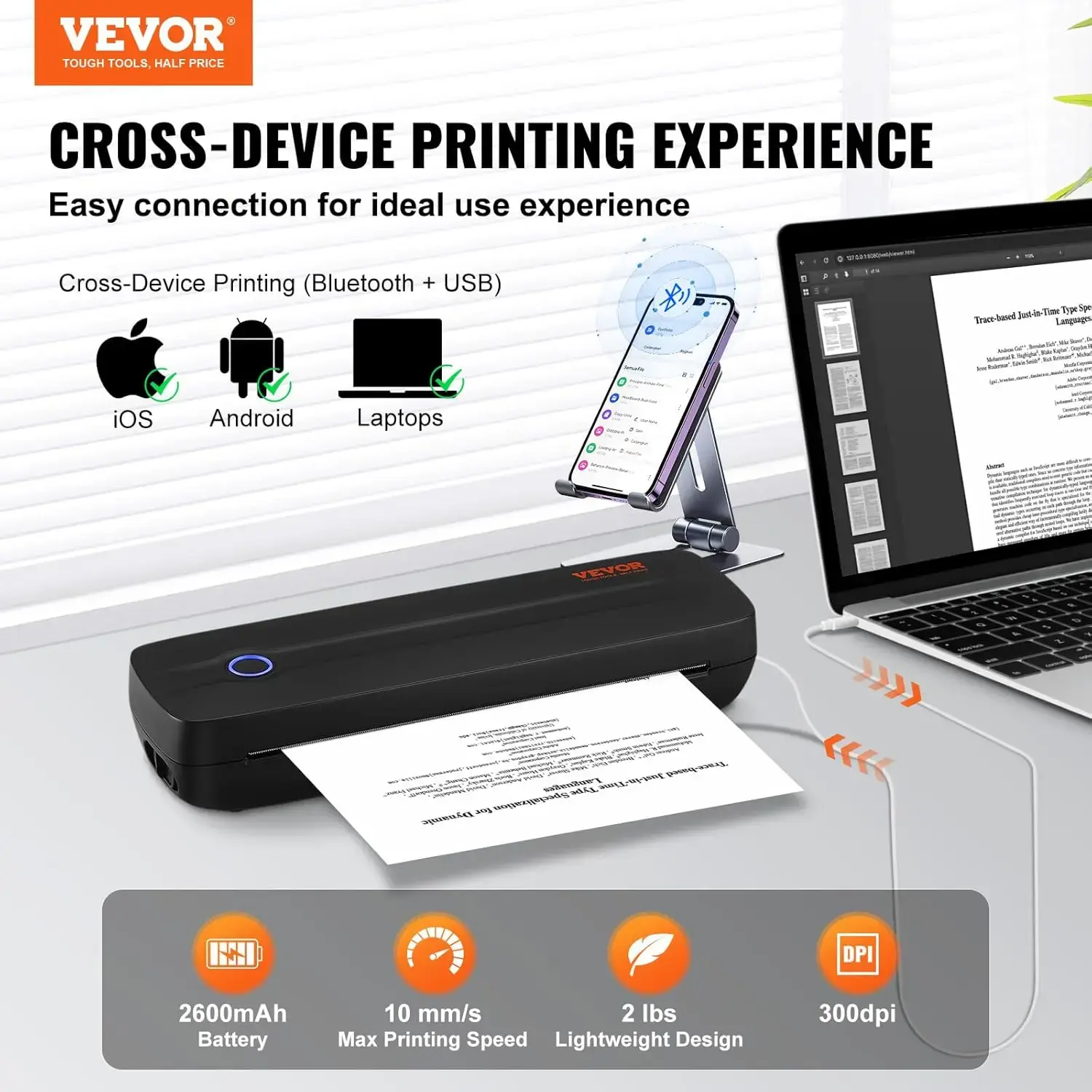 Portable Thermal Printer - 2600mAh Battery, 300 DPI, Bluetooth Inkless Mobile Printer for A4, A5 & 8.5" x 11" Thermal Paper