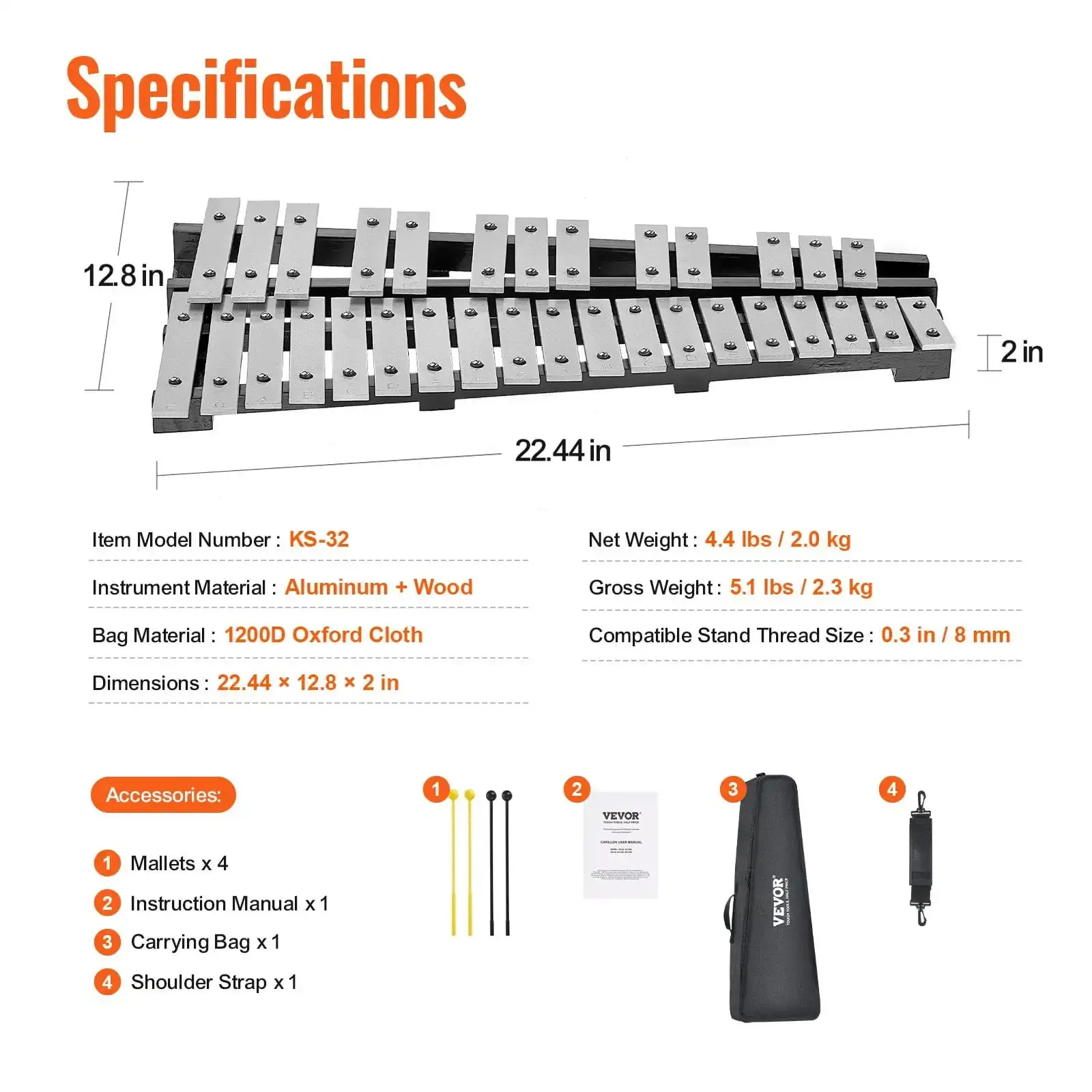 32 Note Glockenspiel Xylophone Bell Kit, Percussion Instrument with Mallets, Drum Sticks and Carrying Bag