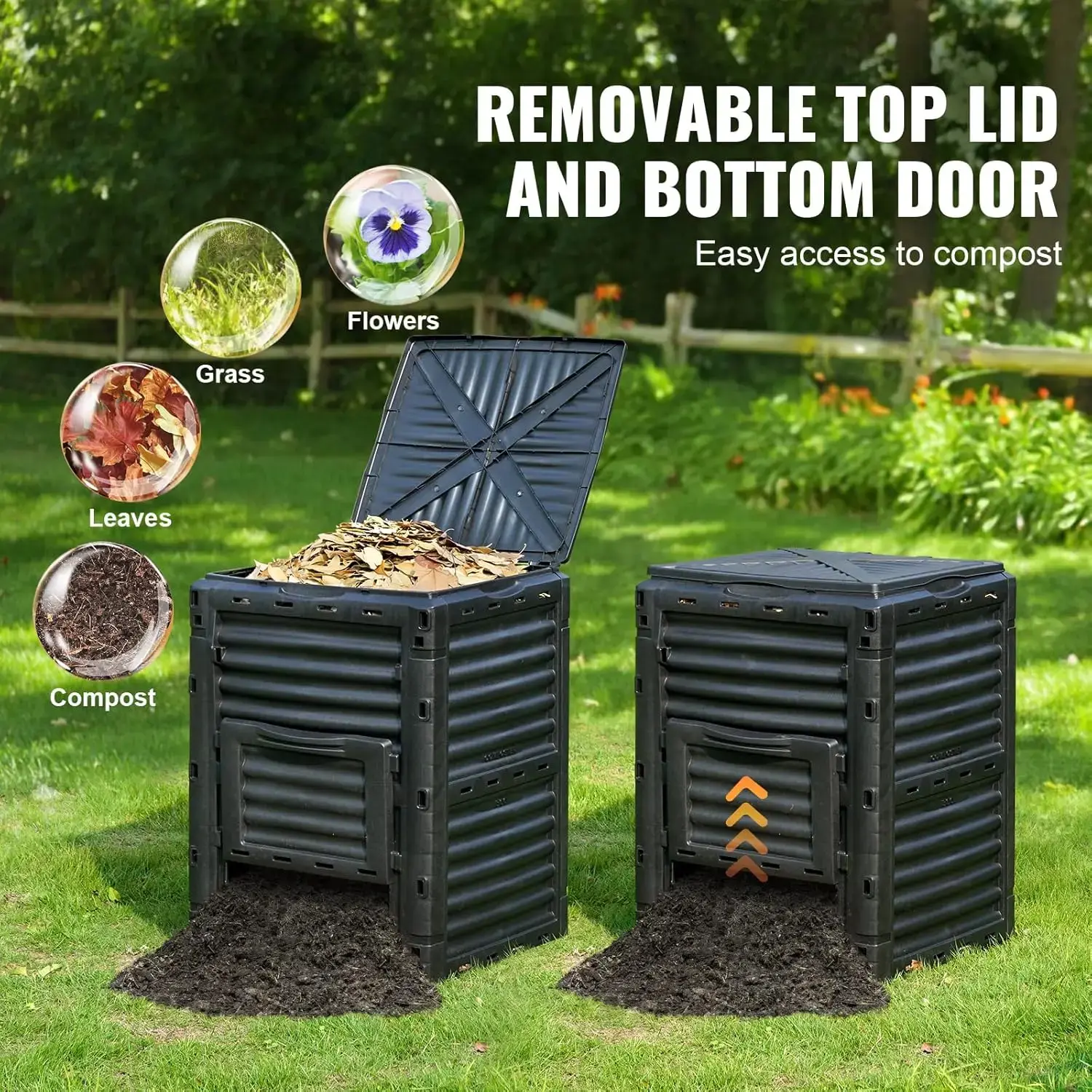 Garden Compost Bin 80 Gallon, BPA Free Composter, Large Capacity Outdoor Composting Bin with Top Lid and Bottom Door