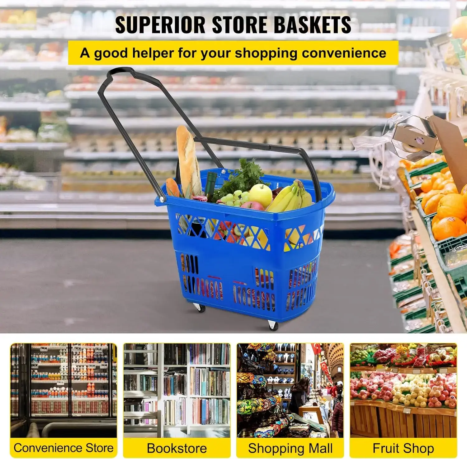 6PCS Shopping Carts, Blue Shopping Baskets with Handles, Plastic Rolling Shopping Basket with Wheels