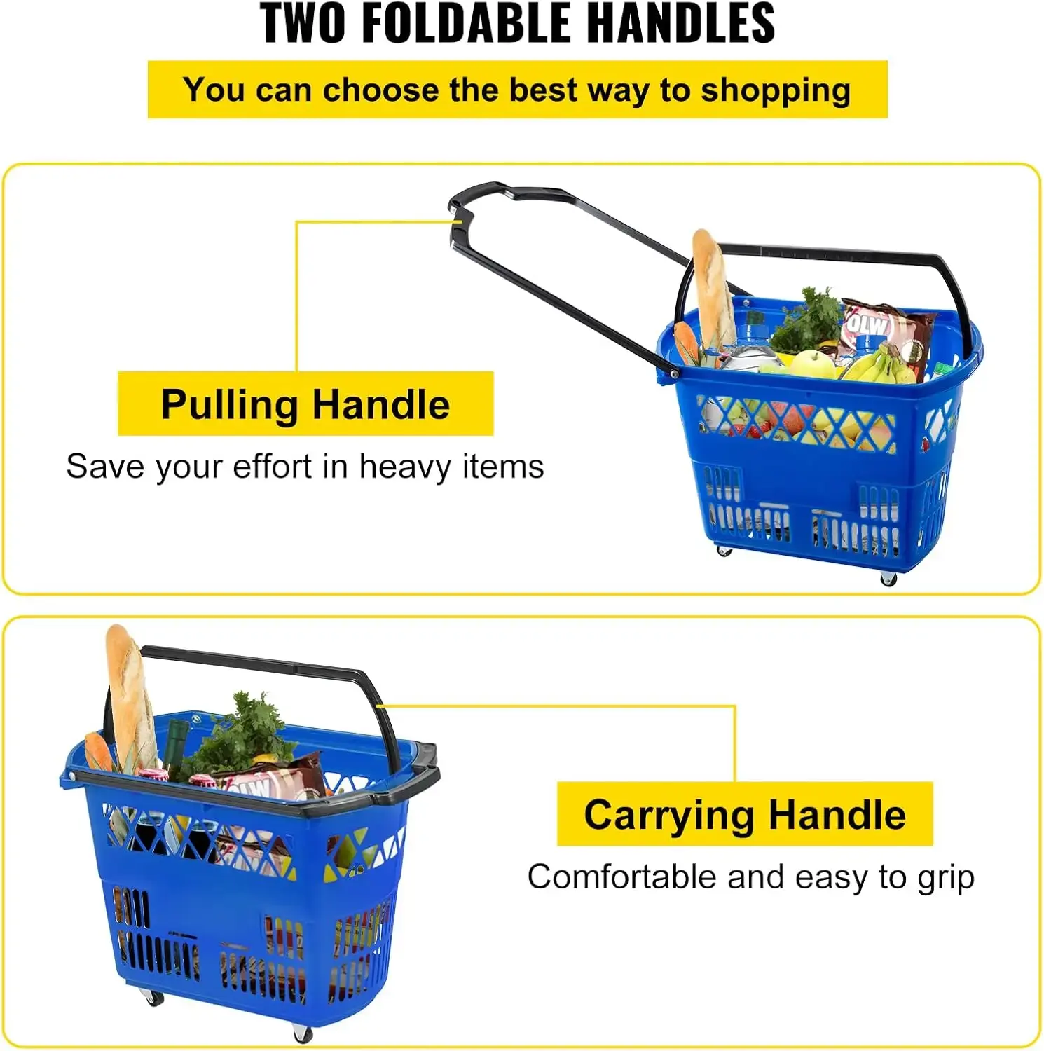 6PCS Shopping Carts, Blue Shopping Baskets with Handles, Plastic Rolling Shopping Basket with Wheels