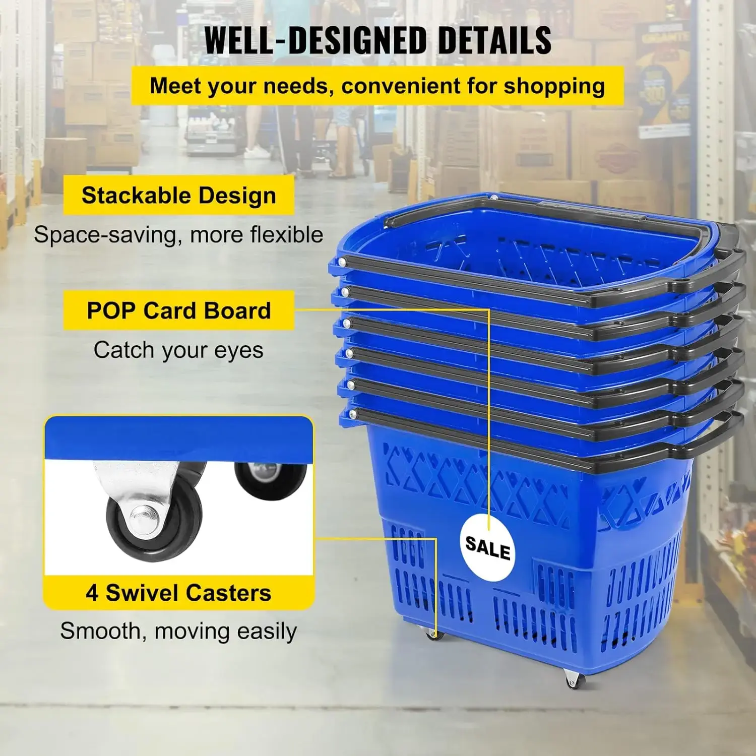 6PCS Shopping Carts, Blue Shopping Baskets with Handles, Plastic Rolling Shopping Basket with Wheels