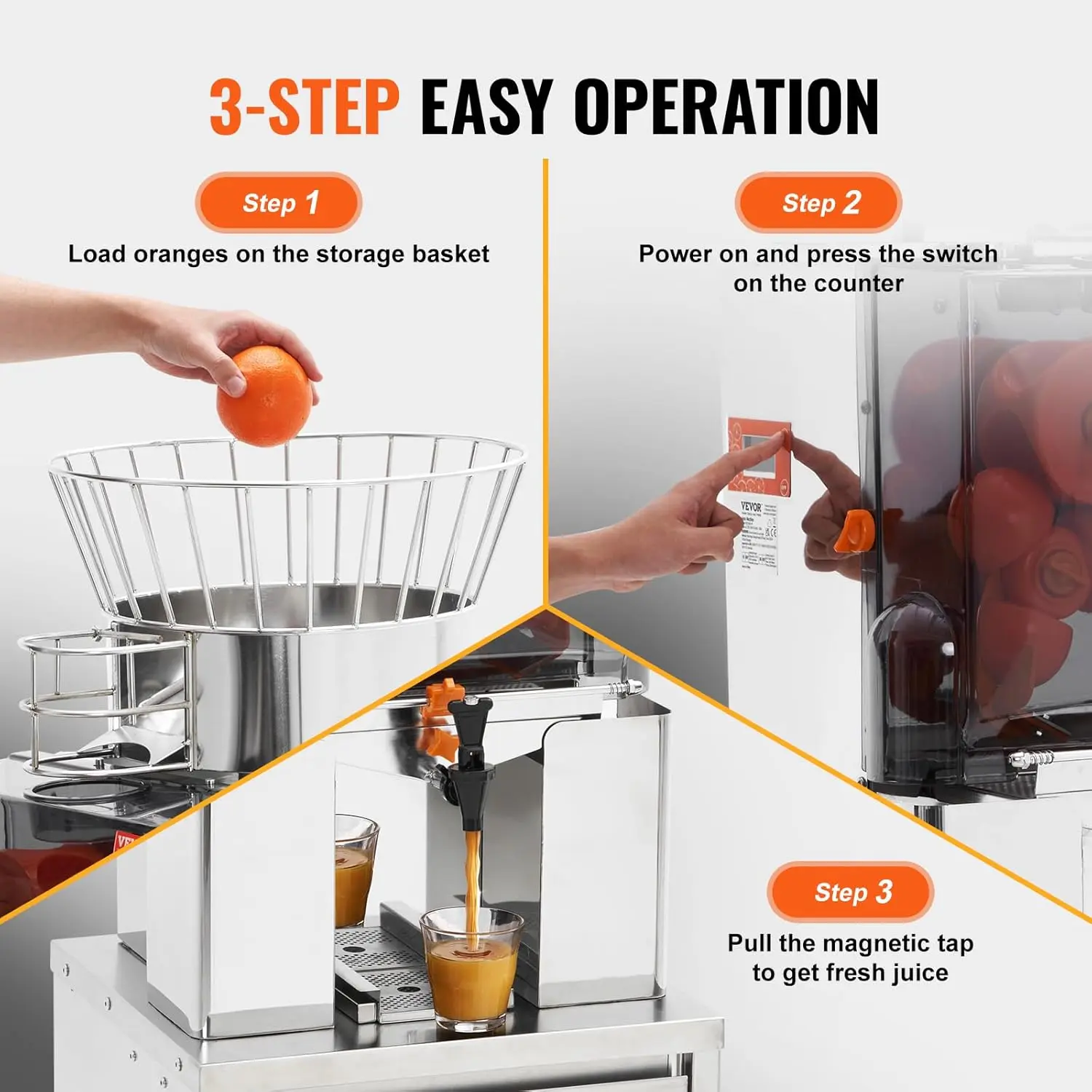 Commercial Orange Juicer, 120W Automatic Feeding Juice Extractor with Water Tap,Stainless Steel Juicer Machine 25 Oranges/Minute