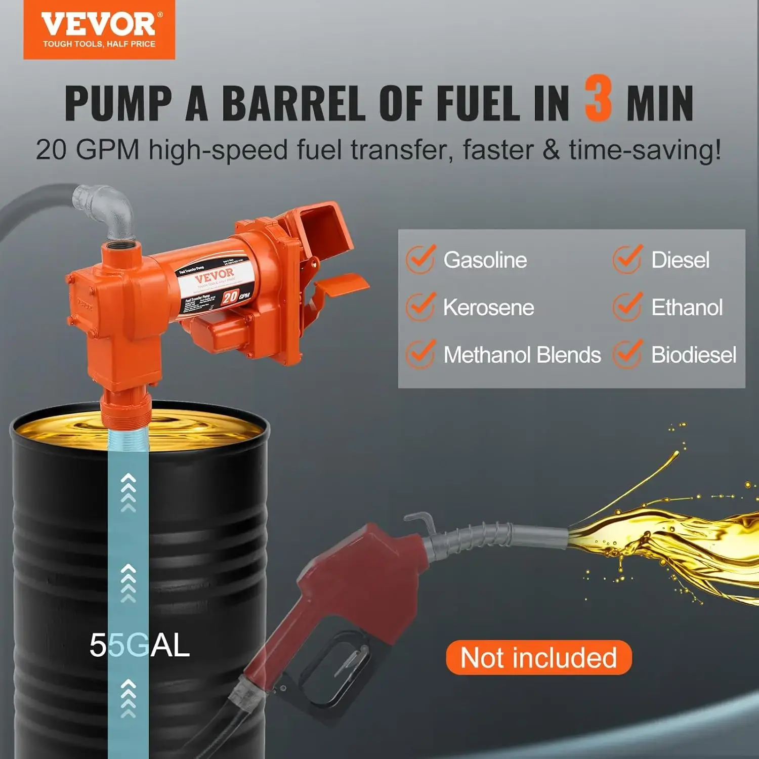 Fuel Transfer Pump, 12V DC 20 GPM 1/4 HP, High Flow Cast Iron Gasoline Extractor Pump with Fuel Collection Box Design