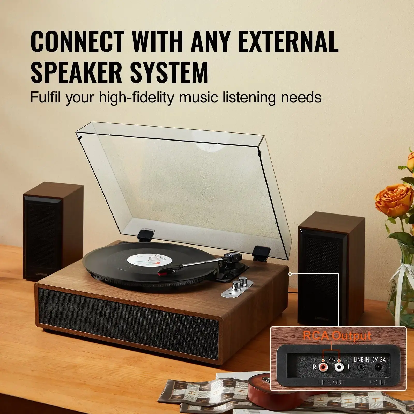 Vinyl Record Player, 3-Speed, Belt Driven Turntable Player with Built-in 10W Stereo Speakers Magnetic Cartridge