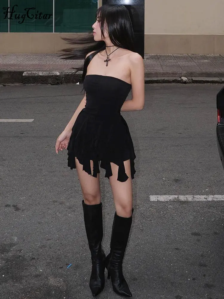 Hugcitar Solid Strapless Ruffles Tassel Elegant Sexy Slim Mini Prom Dress 2025 Spring Women Y2K Outfit Evening Party Birthday