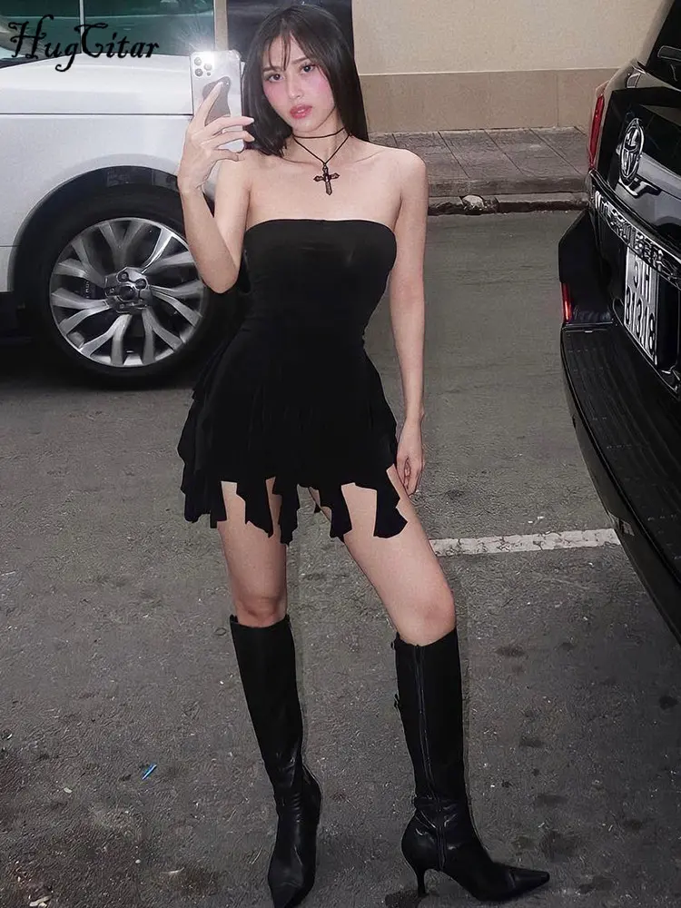 Hugcitar Solid Strapless Ruffles Tassel Elegant Sexy Slim Mini Prom Dress 2025 Spring Women Y2K Outfit Evening Party Birthday