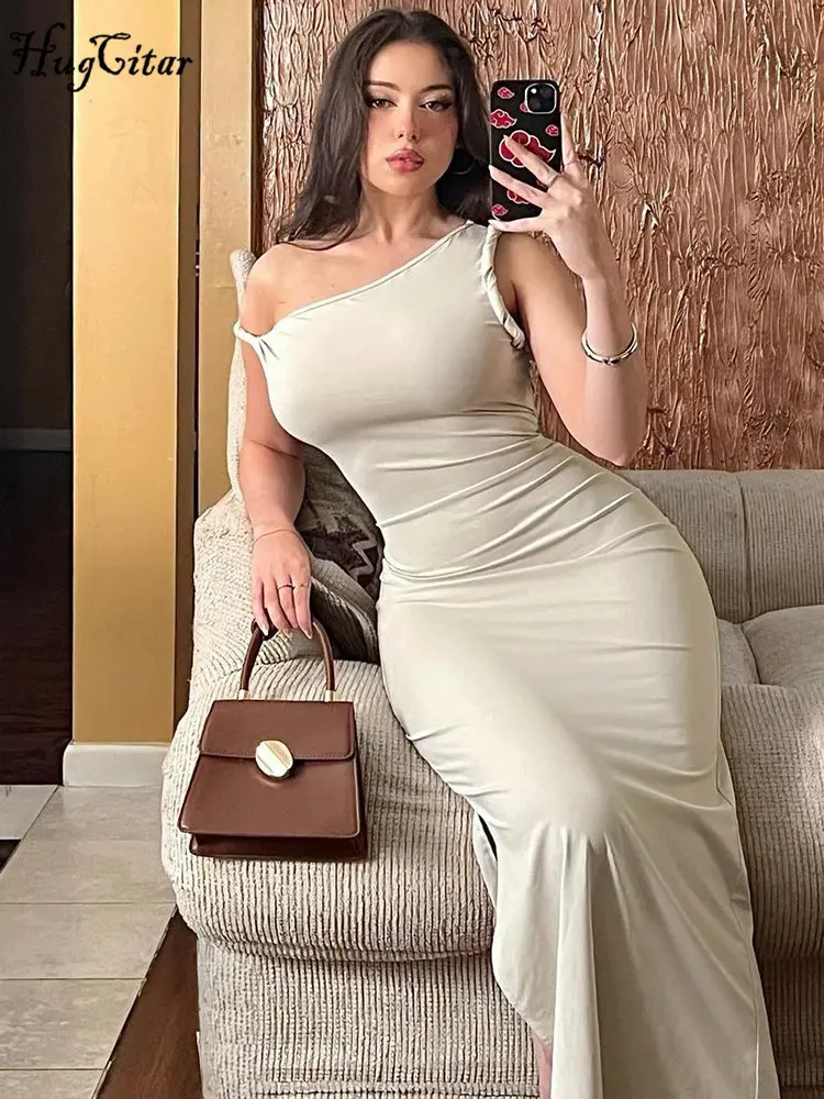 Hugcitar Fashion Solid One Shoulder Sleeveless Slit Irregular Sexy Slim Maxi Dress Summer Women Y2K Outfit Birthday Festival