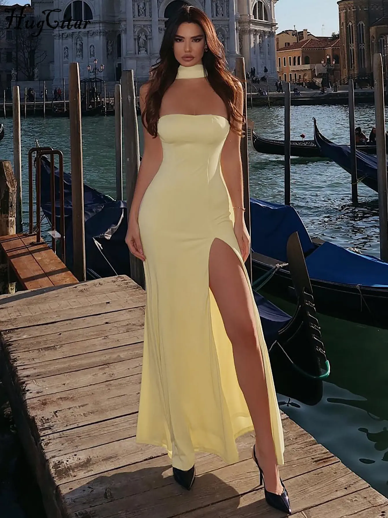 Hugcitar 2025 Women Elegant Strapless Scarf Solid Sexy Bodycon Maxi Prom Dress Summer Casual Y2K Clothes Festival Birthday Party