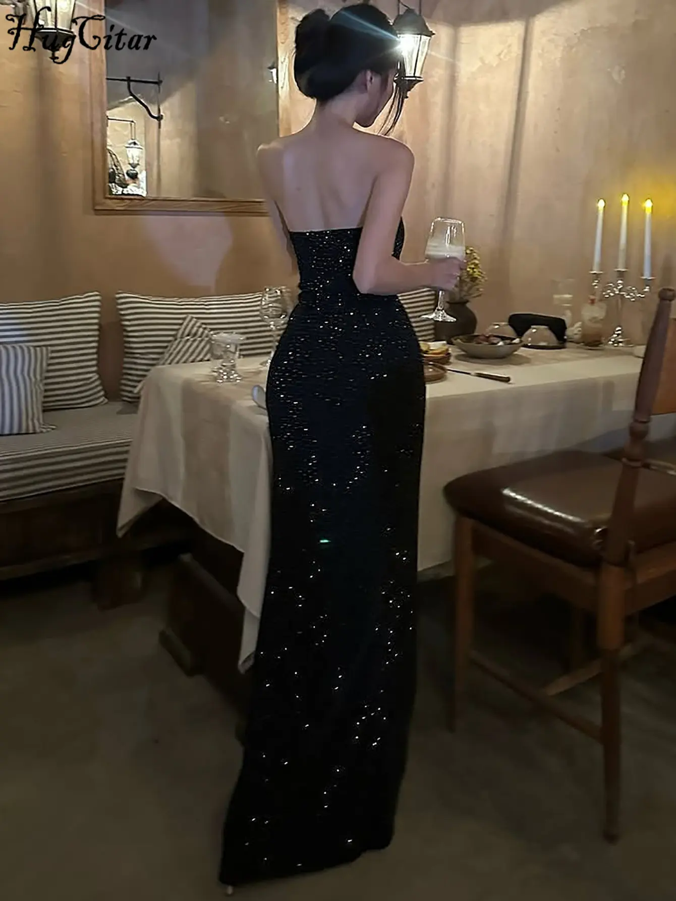 Hugcitar Shine Diamond Pasted Strapless Sexy Elegant Maxi Prom Dress 2025 Summer Fashion Women Clothes Evening Party Vacation