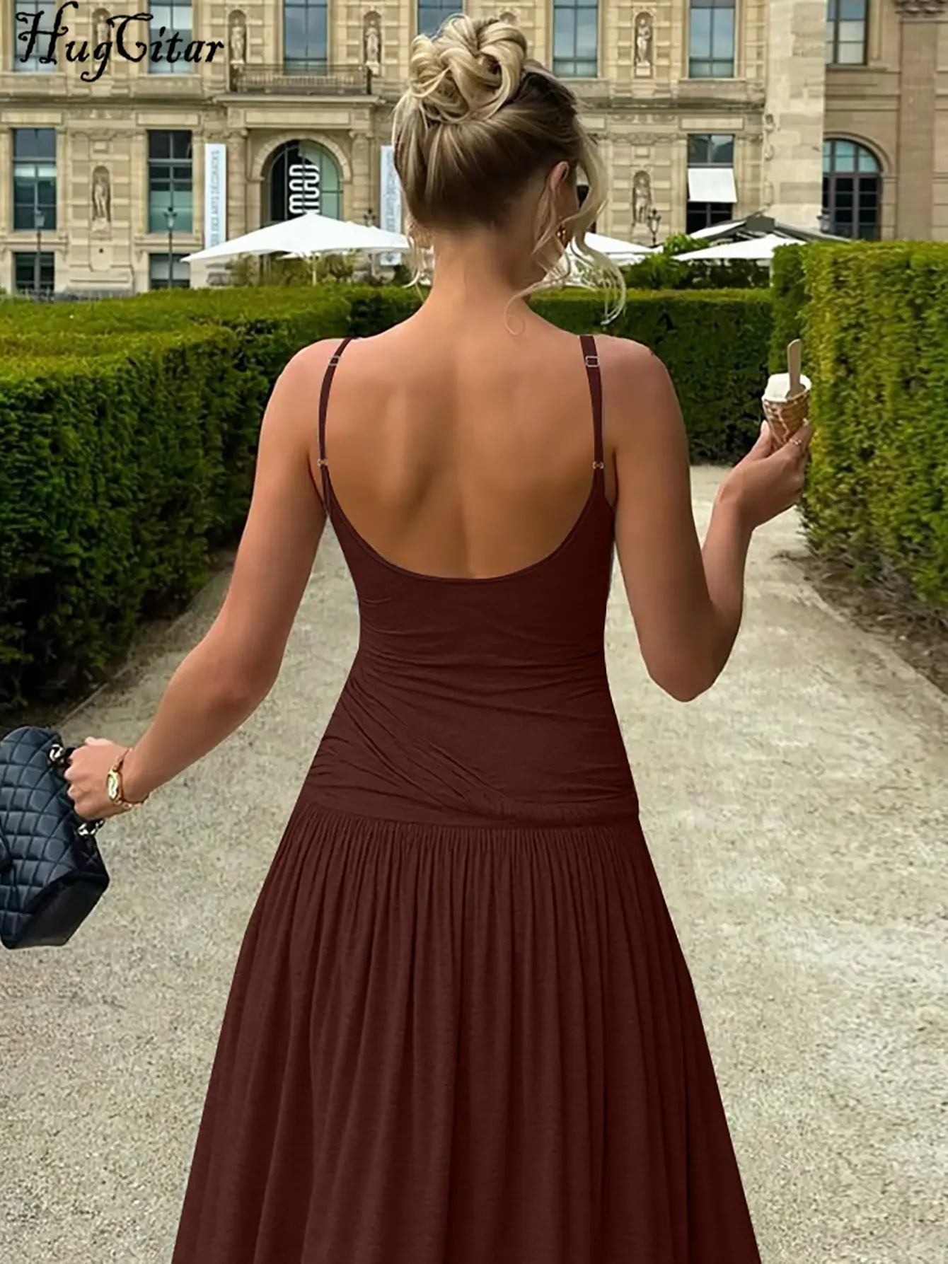 Hugcitar Women Ruched Solid Slips Bandage Backless Sexy Bodycon Maxi Dress Summer Elegant Party Y2K Clothes Birthday Vacation