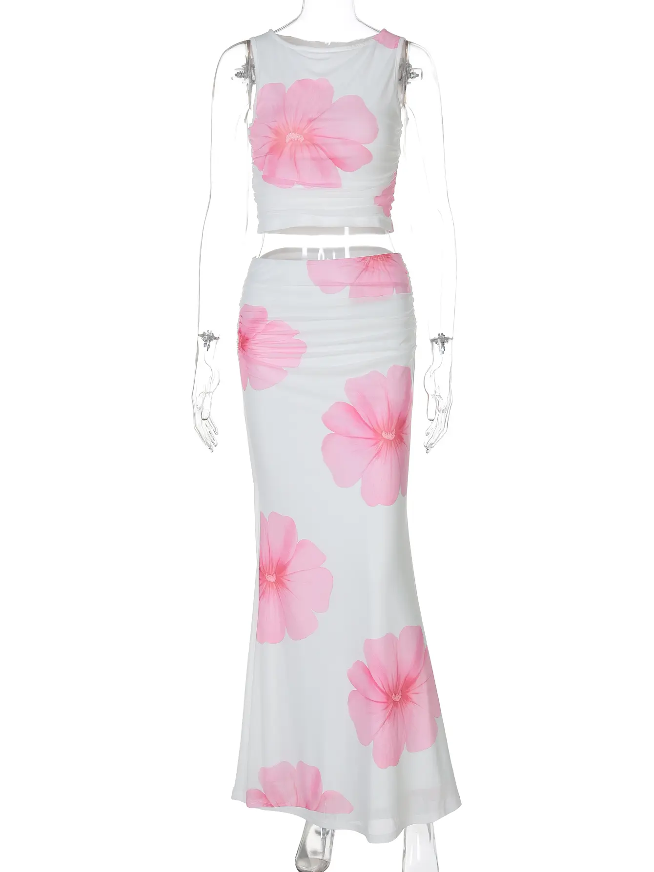 Hugcitar Floral Print 2 Pcs Sets O Neck Ruched Sexy Crop Tank Top Patchwork Mesh Maxi Skirt Women Casual Clothes Party Vacation