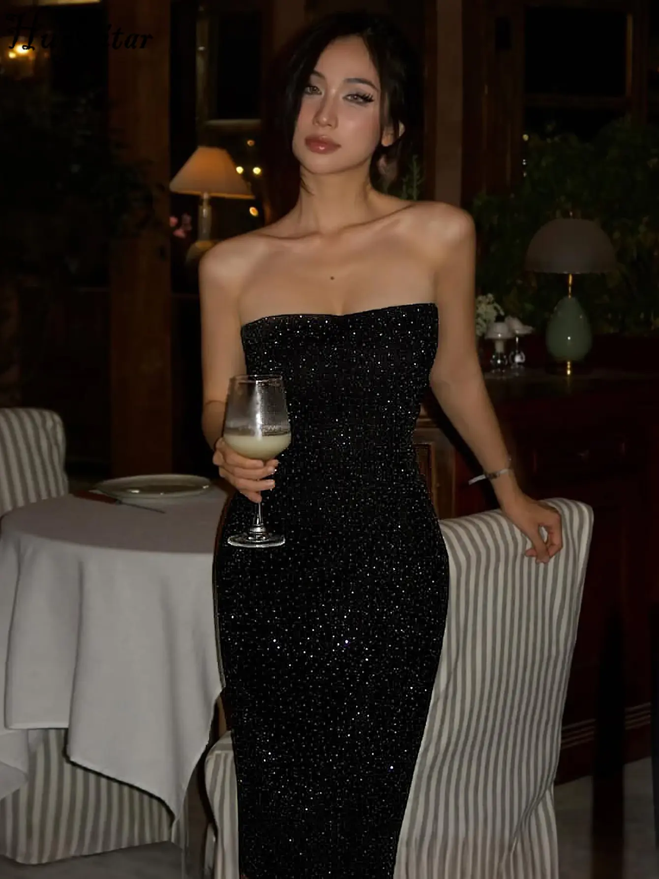 Hugcitar Shine Diamond Pasted Strapless Sexy Elegant Maxi Prom Dress 2025 Summer Fashion Women Clothes Evening Party Vacation