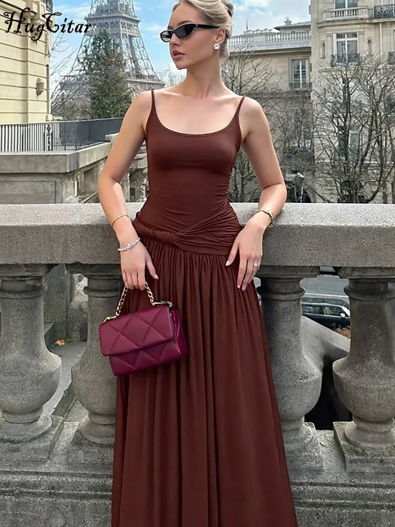 Hugcitar Women Ruched Solid Slips Bandage Backless Sexy Bodycon Maxi Dress Summer Elegant Party Y2K Clothes Birthday Vacation