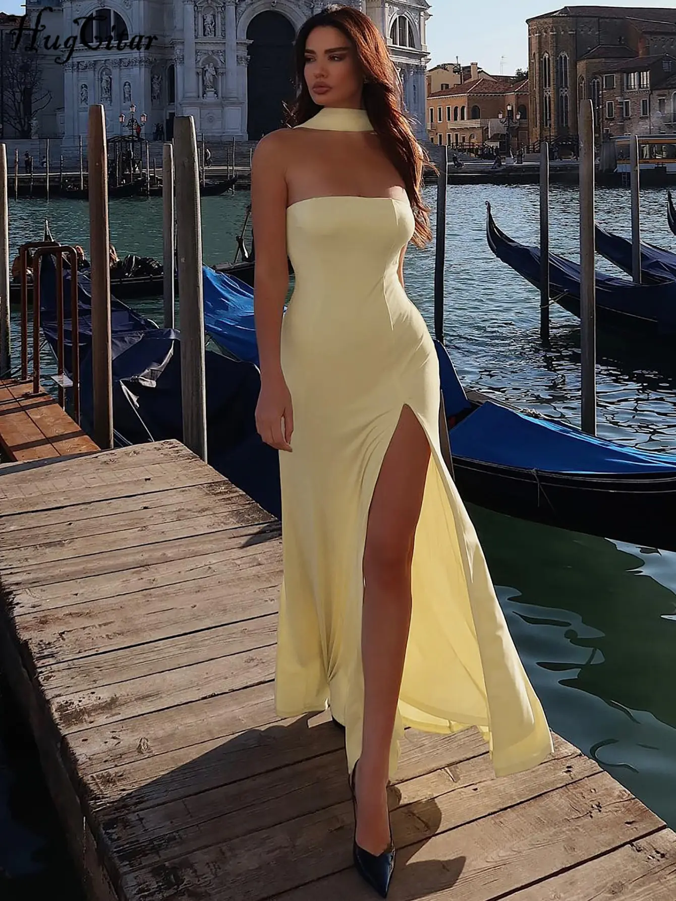 Hugcitar 2025 Women Elegant Strapless Scarf Solid Sexy Bodycon Maxi Prom Dress Summer Casual Y2K Clothes Festival Birthday Party