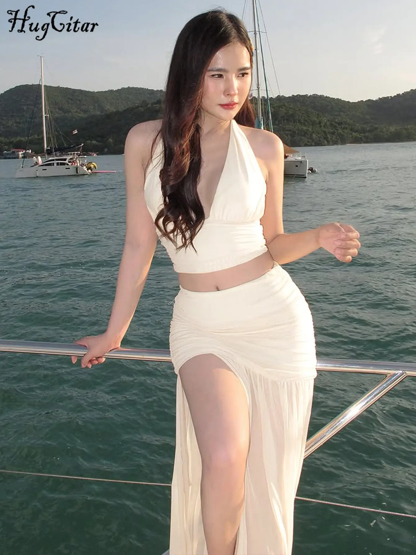Hugcitar Casual 2 Pcs Sets V Neck Backless Bandage Sexy Crop Tank Top Patchwork Slit Maxi Skirt Y2K Women Clothes Beach Vacation