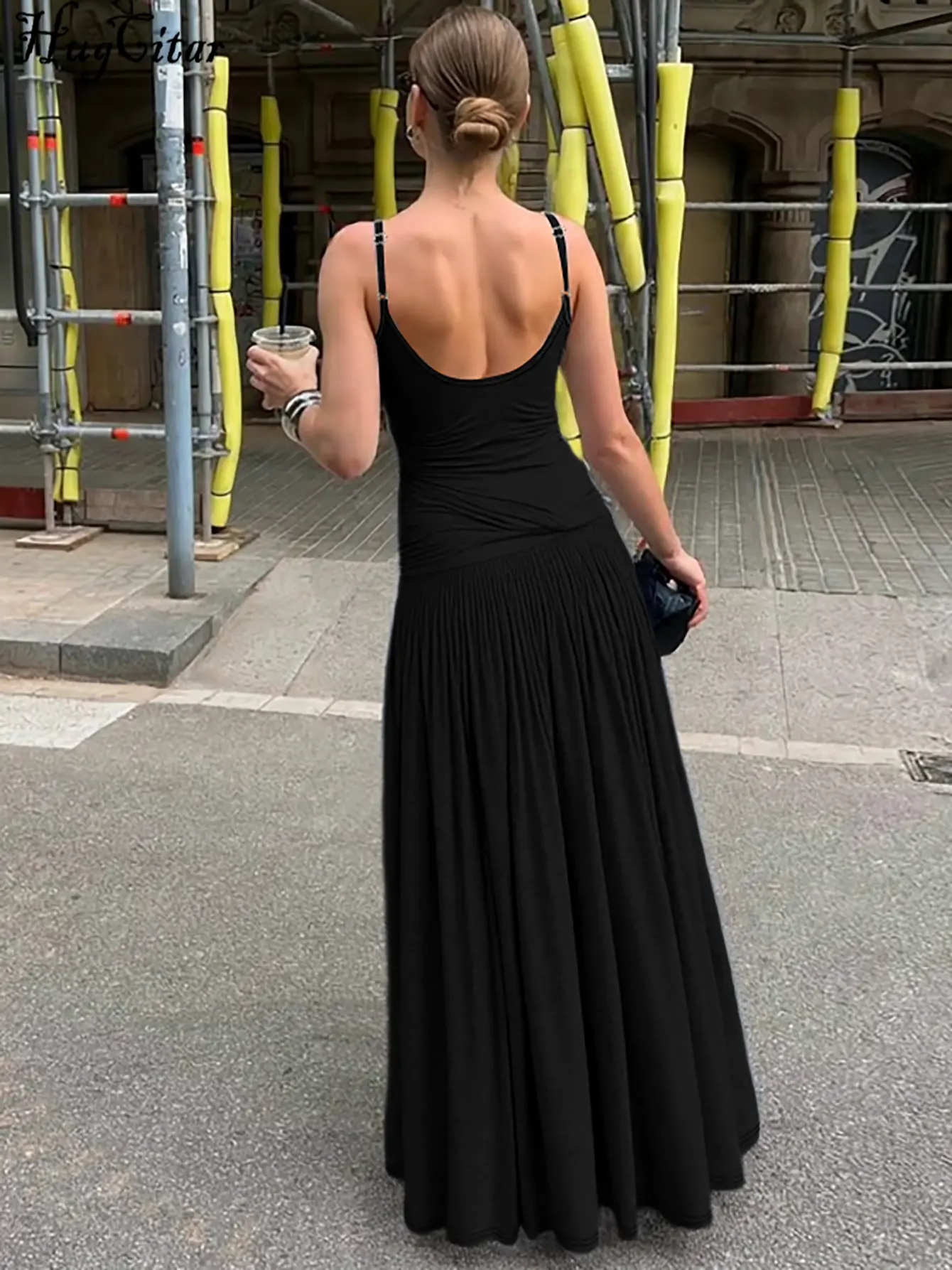 Hugcitar Women Ruched Solid Slips Bandage Backless Sexy Bodycon Maxi Dress Summer Elegant Party Y2K Clothes Birthday Vacation