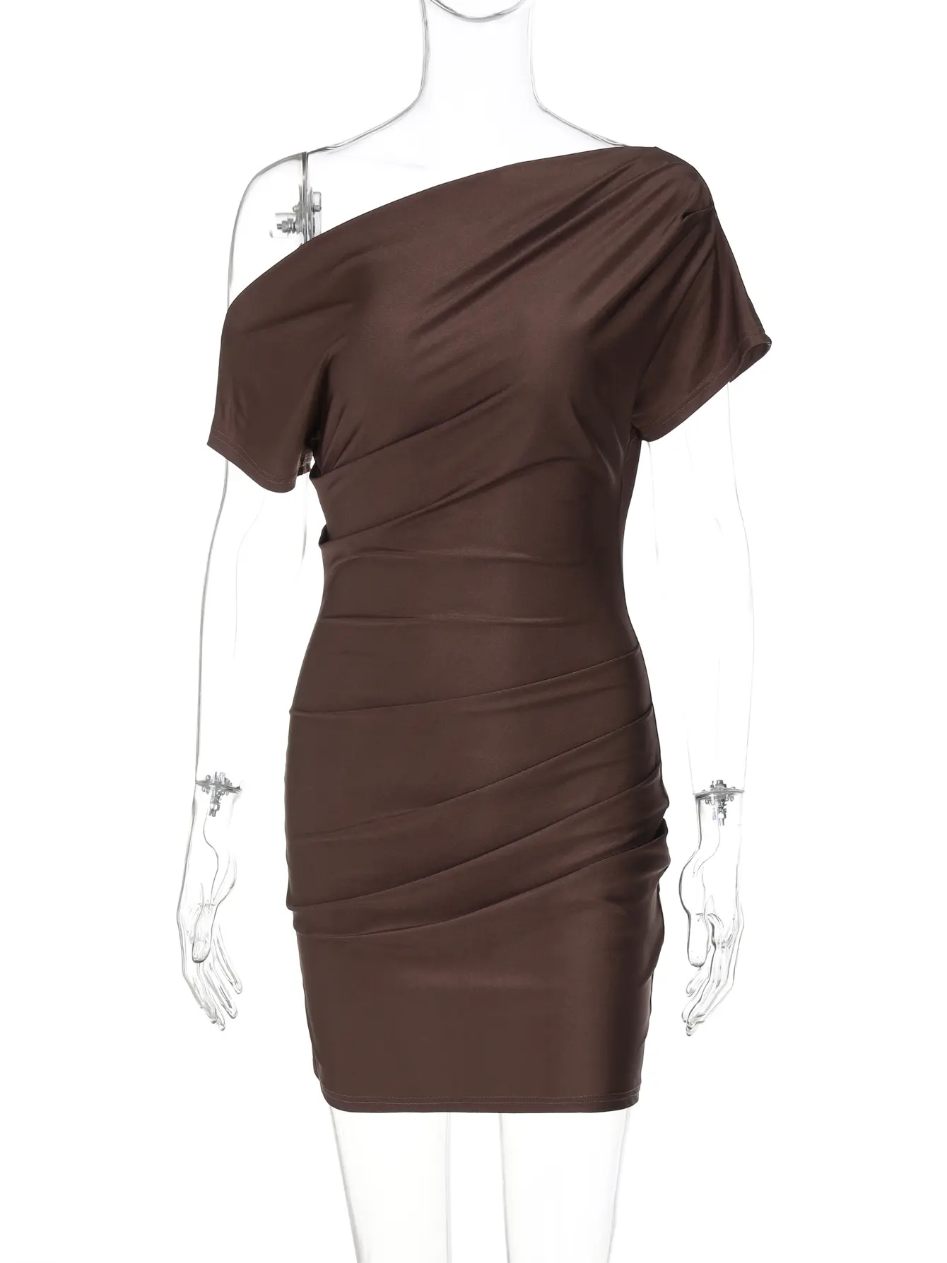 Hugcitar Women Fashion Skew Collar Short Sleeve Sexy Ruched Frill Solid Mini Dress Slim Summer Party Birthday Vacation Clothes