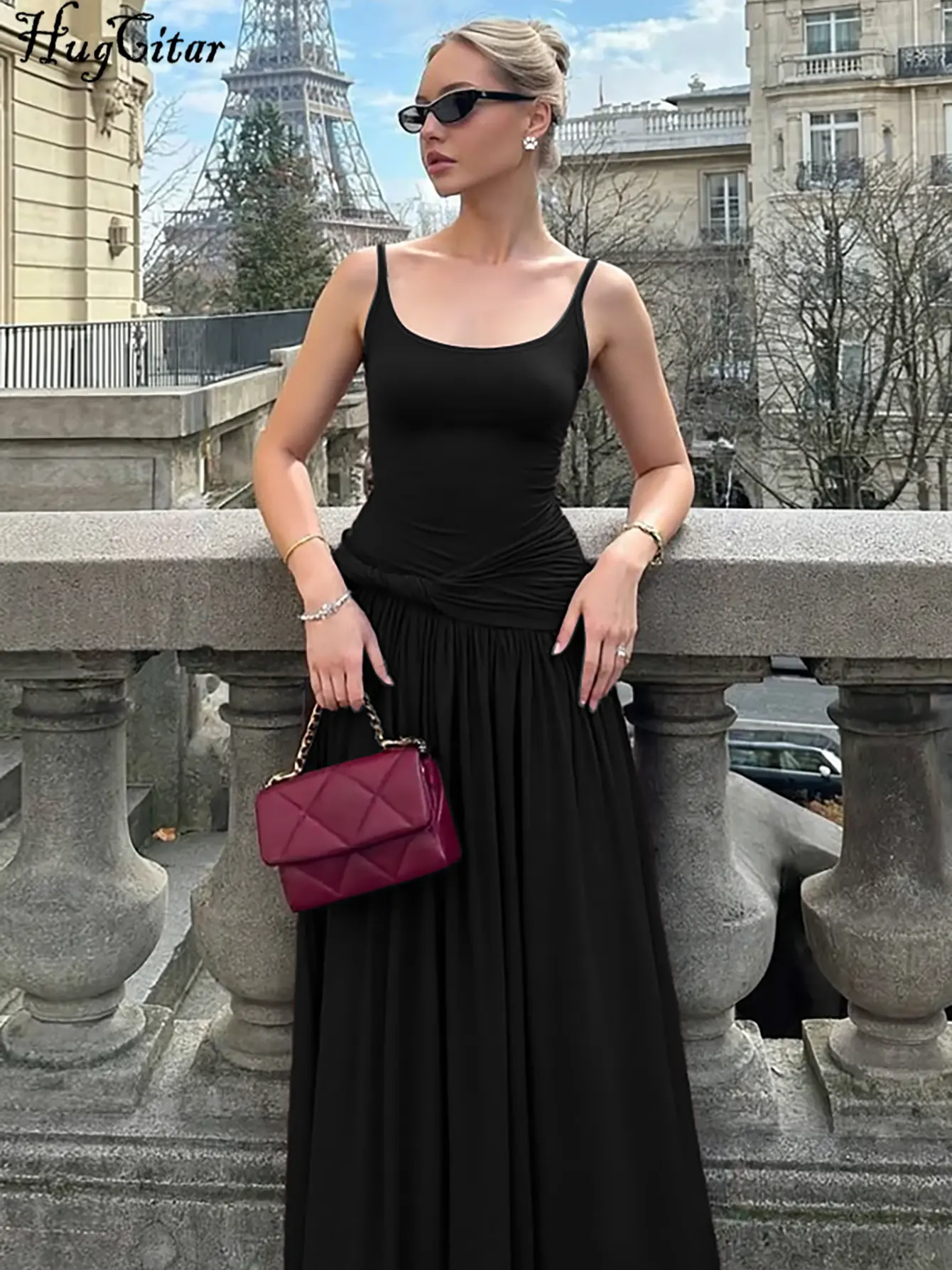 Hugcitar Women Ruched Solid Slips Bandage Backless Sexy Bodycon Maxi Dress Summer Elegant Party Y2K Clothes Birthday Vacation