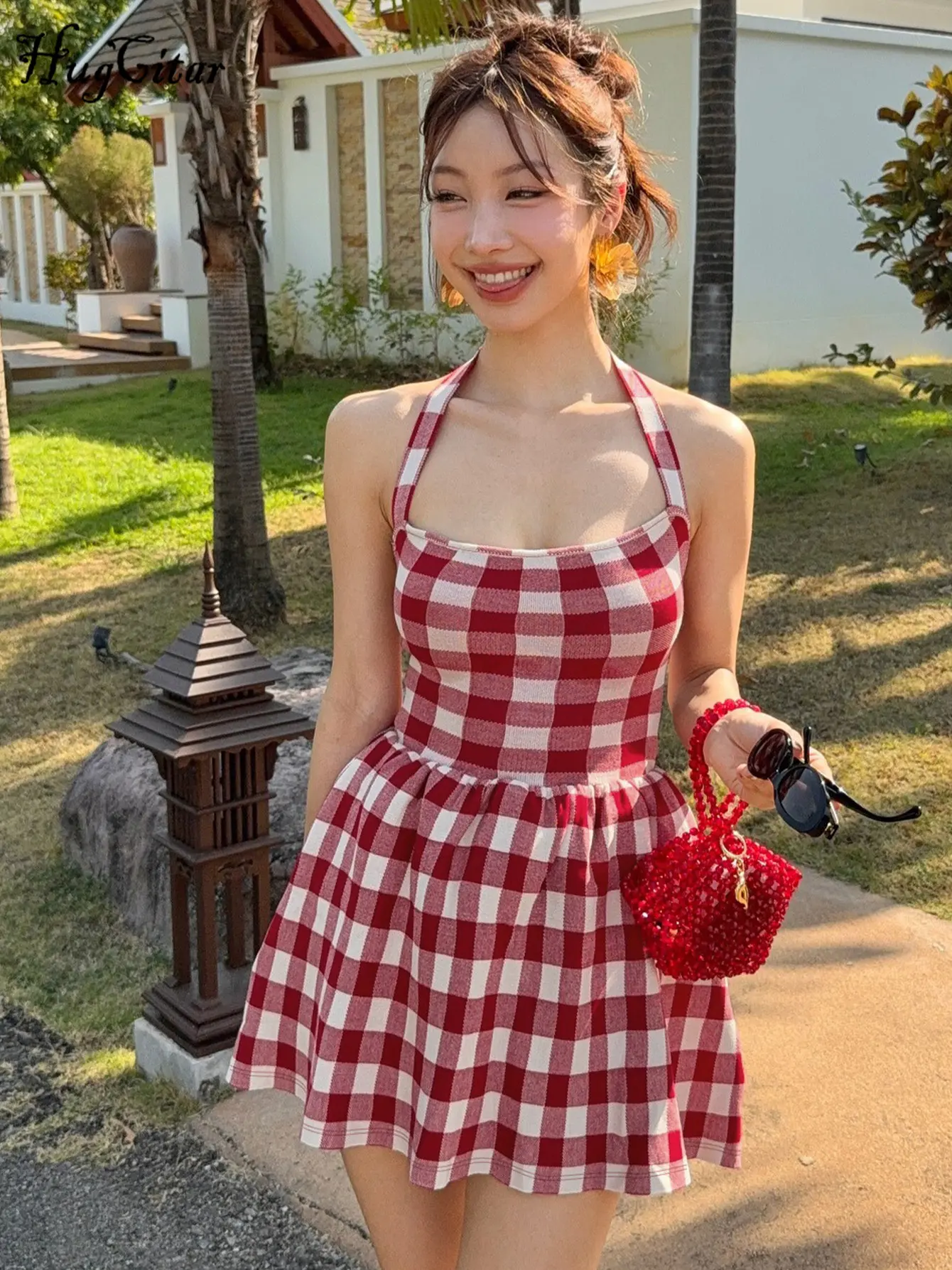 Hugcitar Plaid Print Halter Backless Sexy Button Elegant Pleated Mini Dress Women Fashion Vacation Y2K Outfits Birthday Party