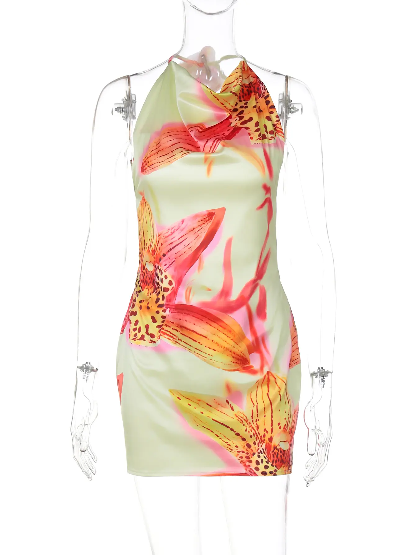 Hugcitar Fashion Multicolor Floral Print Halter Backless Tie Flower Sexy Mini Dress Summer Women Vacation Clothes Beach Club