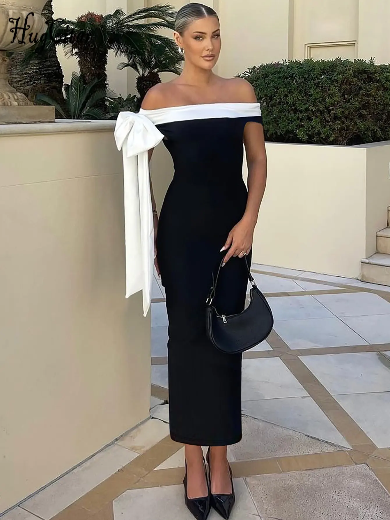 Hugcitar Color Block Slash Neck Bow Bandage Sexy Bodycon Maxi Prom Dress Summer Women Elegant Y2K Clothes Wedding Evening Party