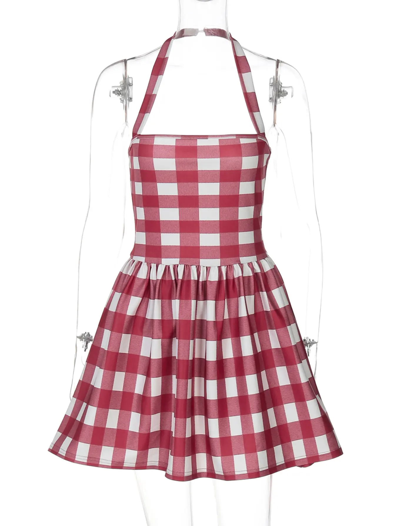 Hugcitar Plaid Print Halter Backless Sexy Button Elegant Pleated Mini Dress Women Fashion Vacation Y2K Outfits Birthday Party