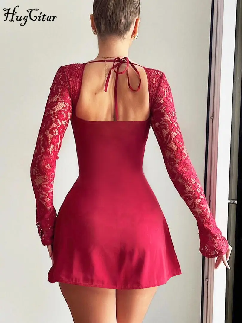 Hugcitar Elegant Satin Red Square Collar Mesh Long Sleeve Backless Lace Up Sexy Mini Dress Women Outfits Birthday Party Festival