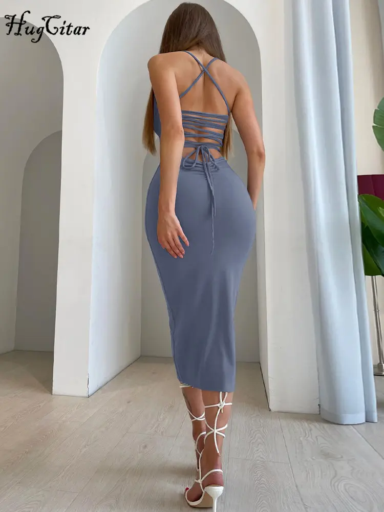 Hugcitar 2024 Summer Solid Slips Backless Ruched Lace Up Sexy Slim Maxi Dress Women Elegant Clothes Party Beach Vacation Y2K