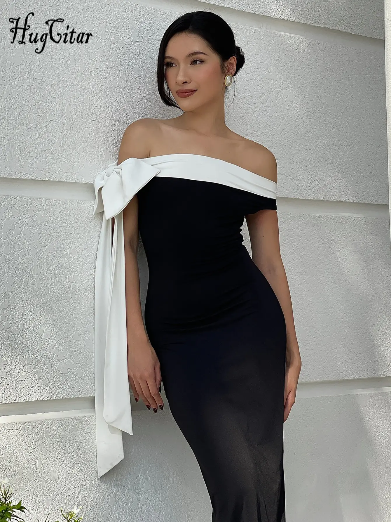 Hugcitar Color Block Slash Neck Bow Bandage Sexy Bodycon Maxi Prom Dress Summer Women Elegant Y2K Clothes Wedding Evening Party