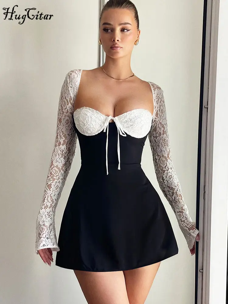 Hugcitar Elegant Satin Red Square Collar Mesh Long Sleeve Backless Lace Up Sexy Mini Dress Women Outfits Birthday Party Festival