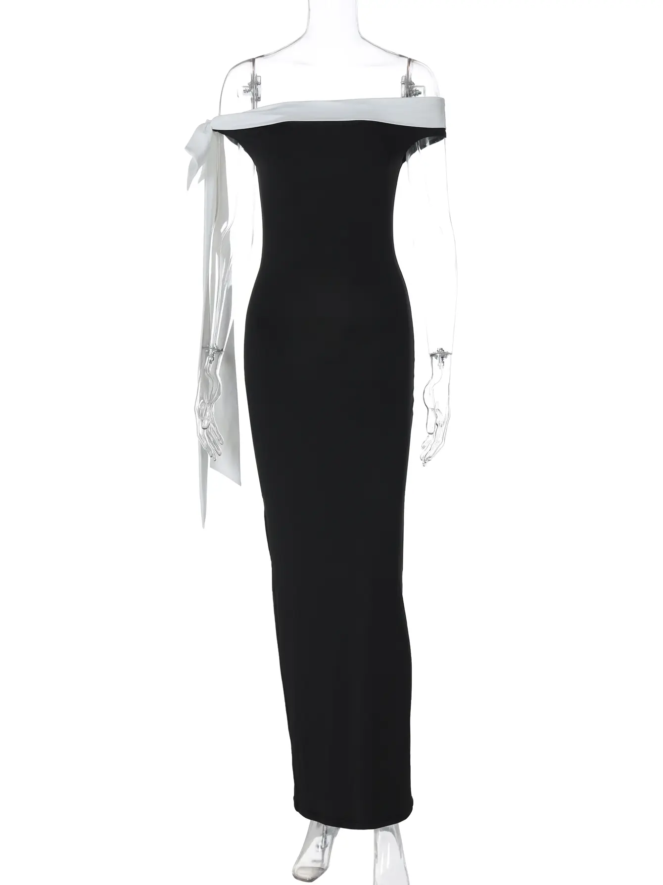Hugcitar Color Block Slash Neck Bow Bandage Sexy Bodycon Maxi Prom Dress Summer Women Elegant Y2K Clothes Wedding Evening Party