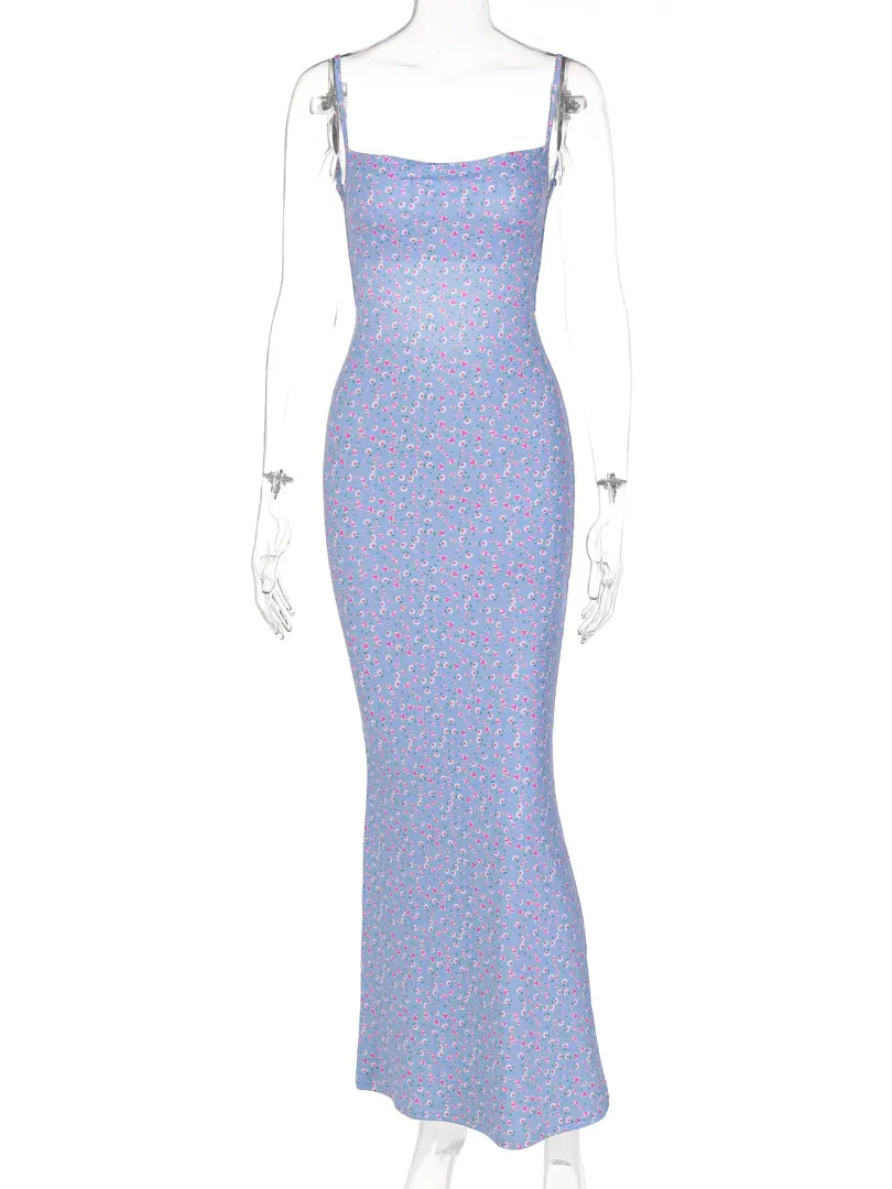 Hugcitar Flower Print Slip Sleeveless Backless Slim Sexy Maxi Prom Dress 2025 Spring Women Elegant Streetwear Party Clothing Y2K