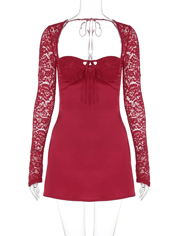 Hugcitar Elegant Satin Red Square Collar Mesh Long Sleeve Backless Lace Up Sexy Mini Dress Women Outfits Birthday Party Festival