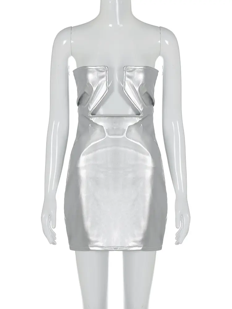 Hugcitar Leather Strapless Solid Hollow Out Sexy Bodycon Mini Prom Dress 2023 Fall Women Elegant Cute Birthday Party Club Outfit