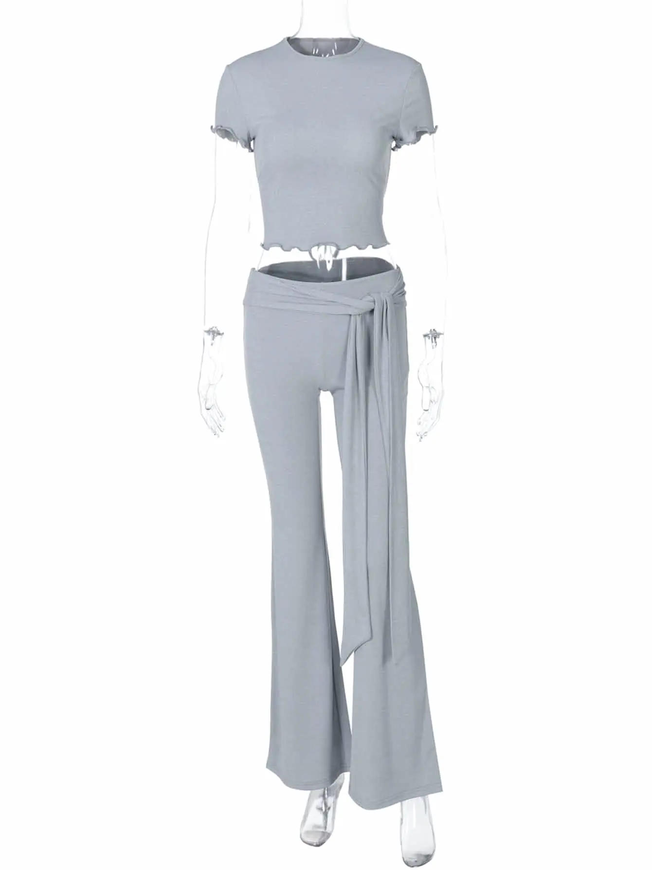 Hugcitar Summer Casual 2 Pcs Sets Short Sleeve Hollow Out Bandage Sexy Crop T-Shirt Wide Leg Pants Women Outfit Streetwear Party