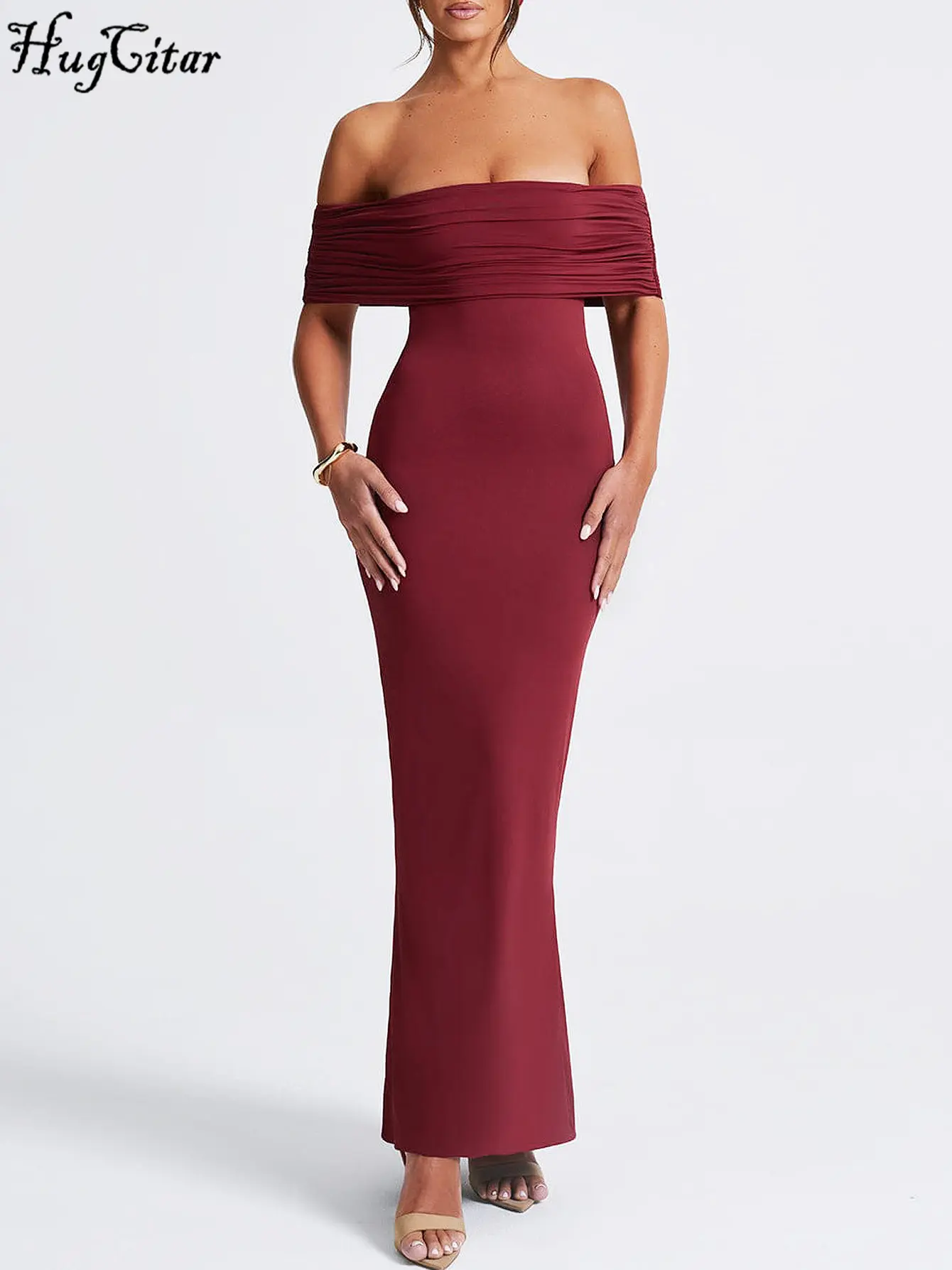 Hugcitar Slash Neck Solid Sleeveless Backless Ruched Sexy Elegant Bodycon Maxi Prom Dress Summer Women Clothes Birthday Party