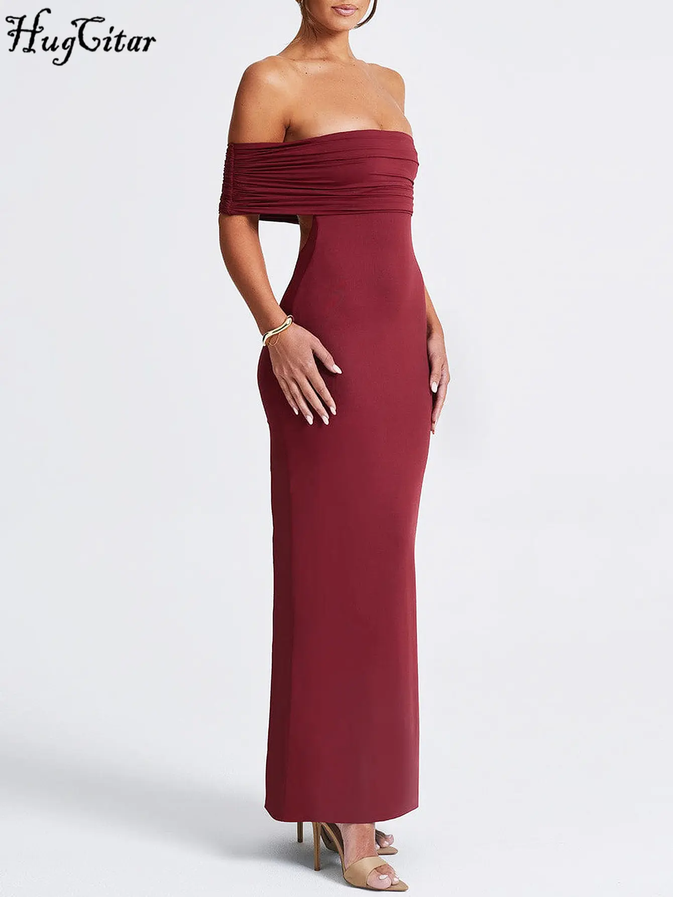 Hugcitar Slash Neck Solid Sleeveless Backless Ruched Sexy Elegant Bodycon Maxi Prom Dress Summer Women Clothes Birthday Party