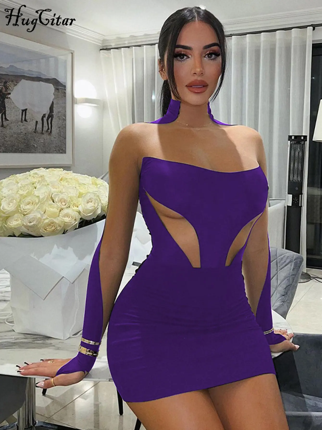 Hugcitar Women Fashion Long Sleeve Patchwork Mesh See Through Sexy Bodycon Mini Dress 2024 Winter Evening Party Club Y2K Clothes