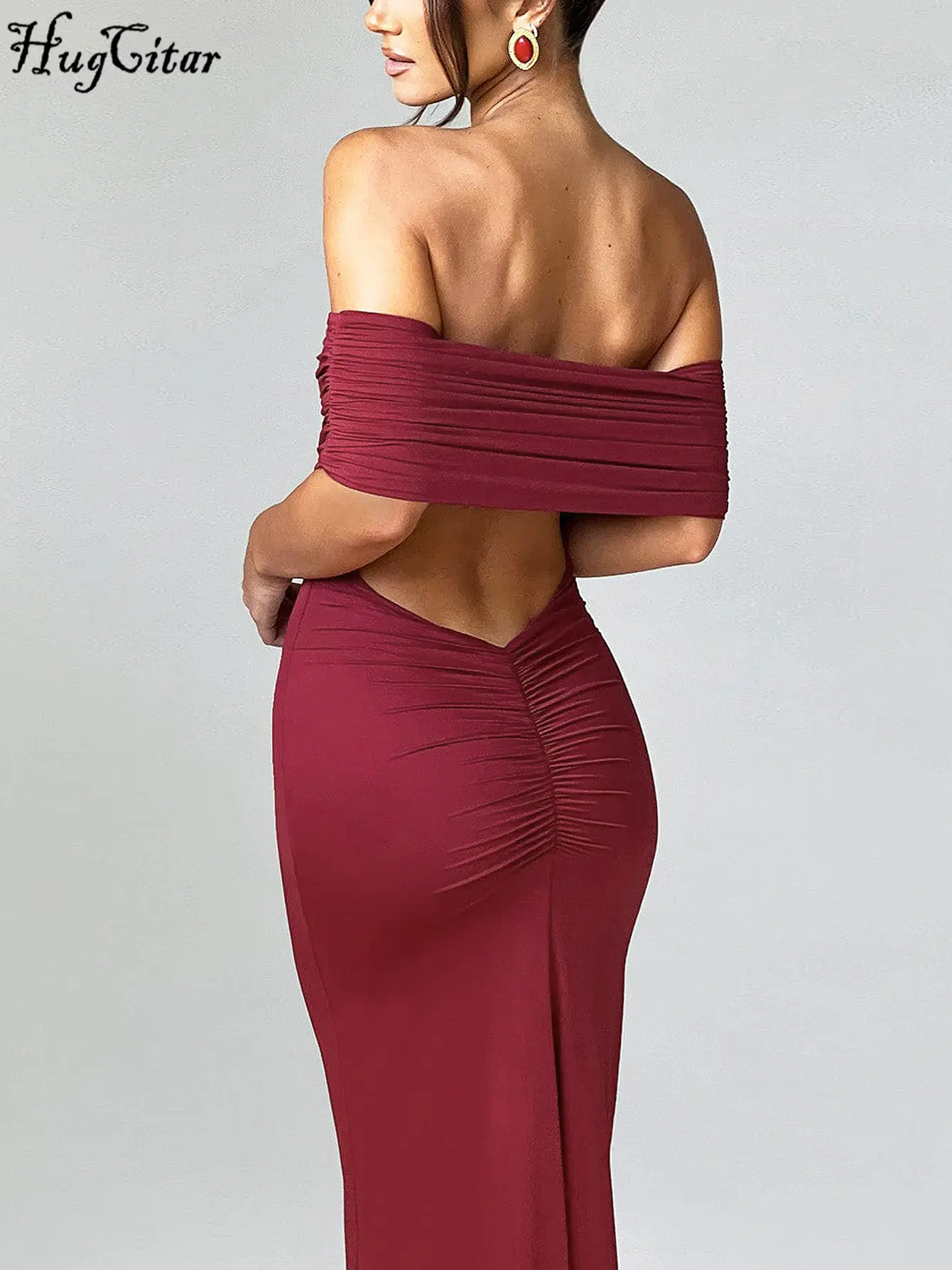 Hugcitar Slash Neck Solid Sleeveless Backless Ruched Sexy Elegant Bodycon Maxi Prom Dress Summer Women Clothes Birthday Party