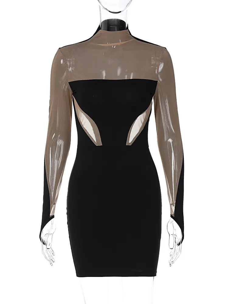 Hugcitar Women Fashion Long Sleeve Patchwork Mesh See Through Sexy Bodycon Mini Dress 2024 Winter Evening Party Club Y2K Clothes