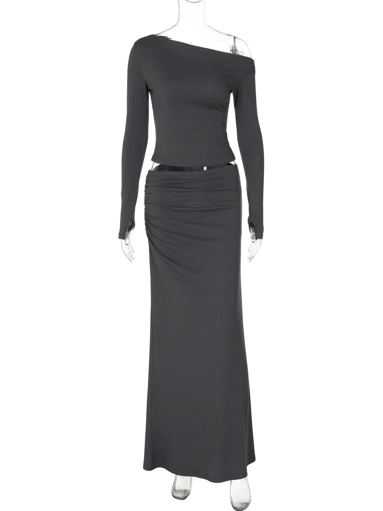 Hugcitar Fall Fashion 2 Pcs Sets Solid Skew Collar Long Sleeve T-Shirt Ruched Maxi Skirt Women Y2K Outfit Vacation Nighht Party