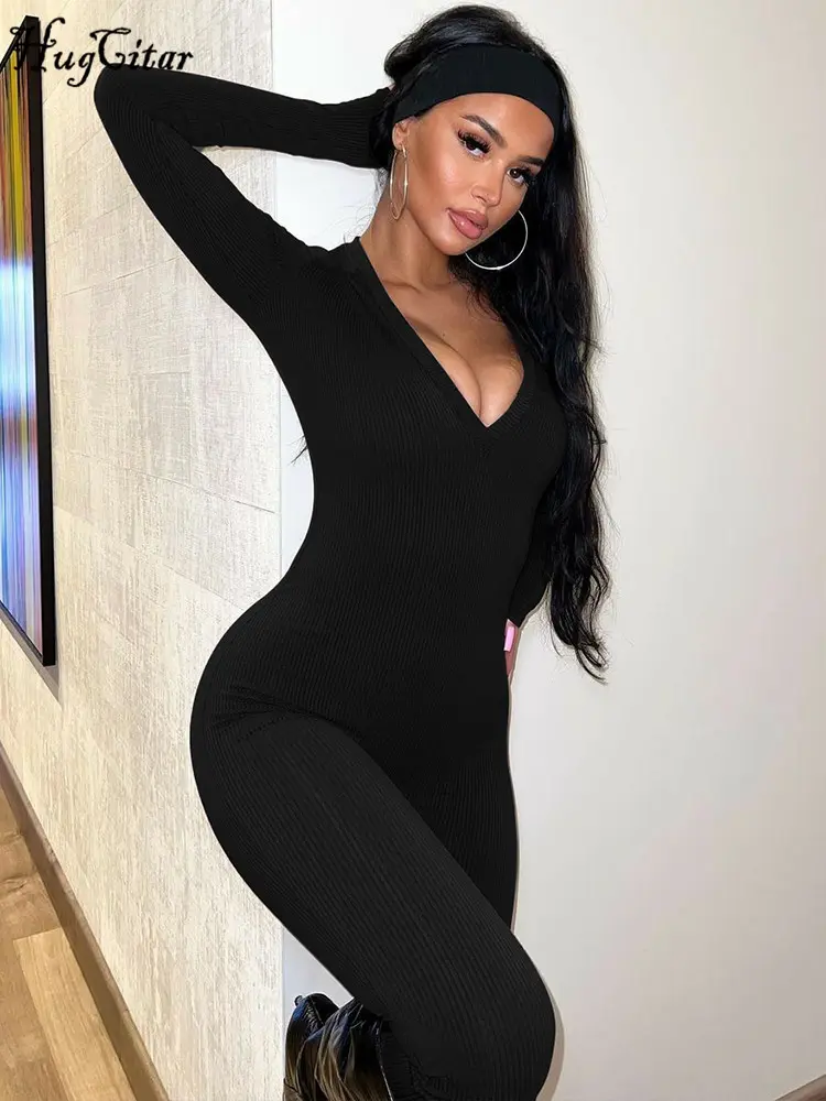 Hugcitar Ribbed V Neck Long Sleeve Sexy Bodycon Skinny One Piece Jumpsuit Winter Women Casual Streetwear Sport Romper Overalls