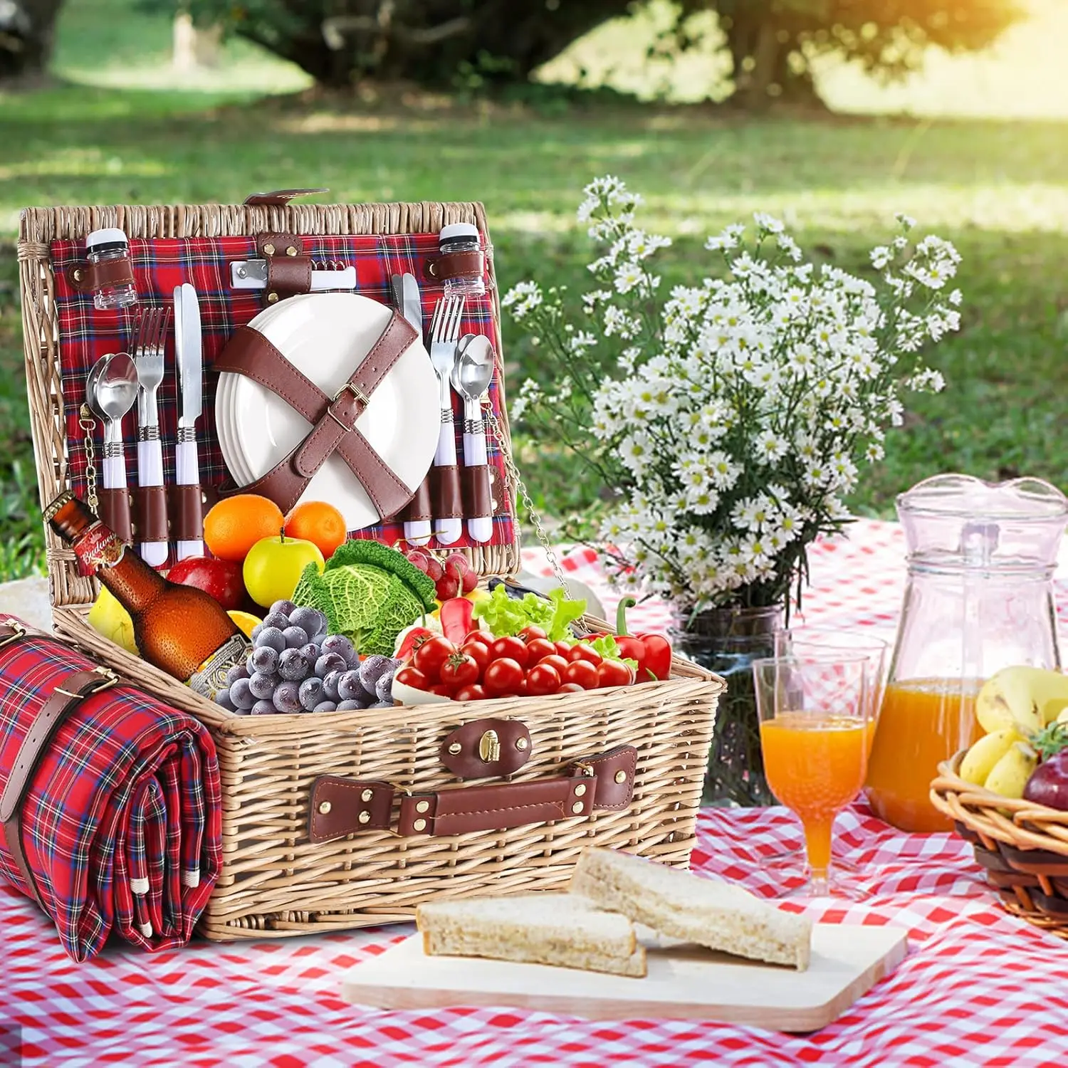 Wicker Picnic Basket for 4 with Waterproof Picnic Blanket and Insulated Cooler, Willow Hamper for Camping, Outdoors, Photoshoot