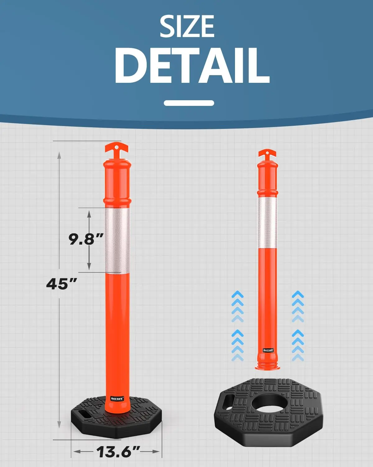 Delineator Post with Base 45 ", Orange Traffic Delineator Cones with Reflective Collar for Driving Practice, Construction Work